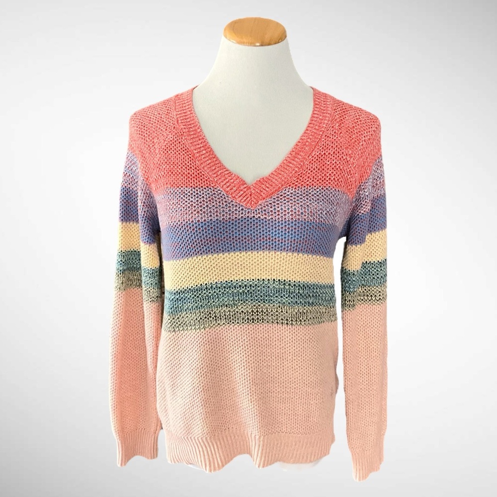 Hem & Thread Striped Colorblock Pullover V-Neck Sweater
